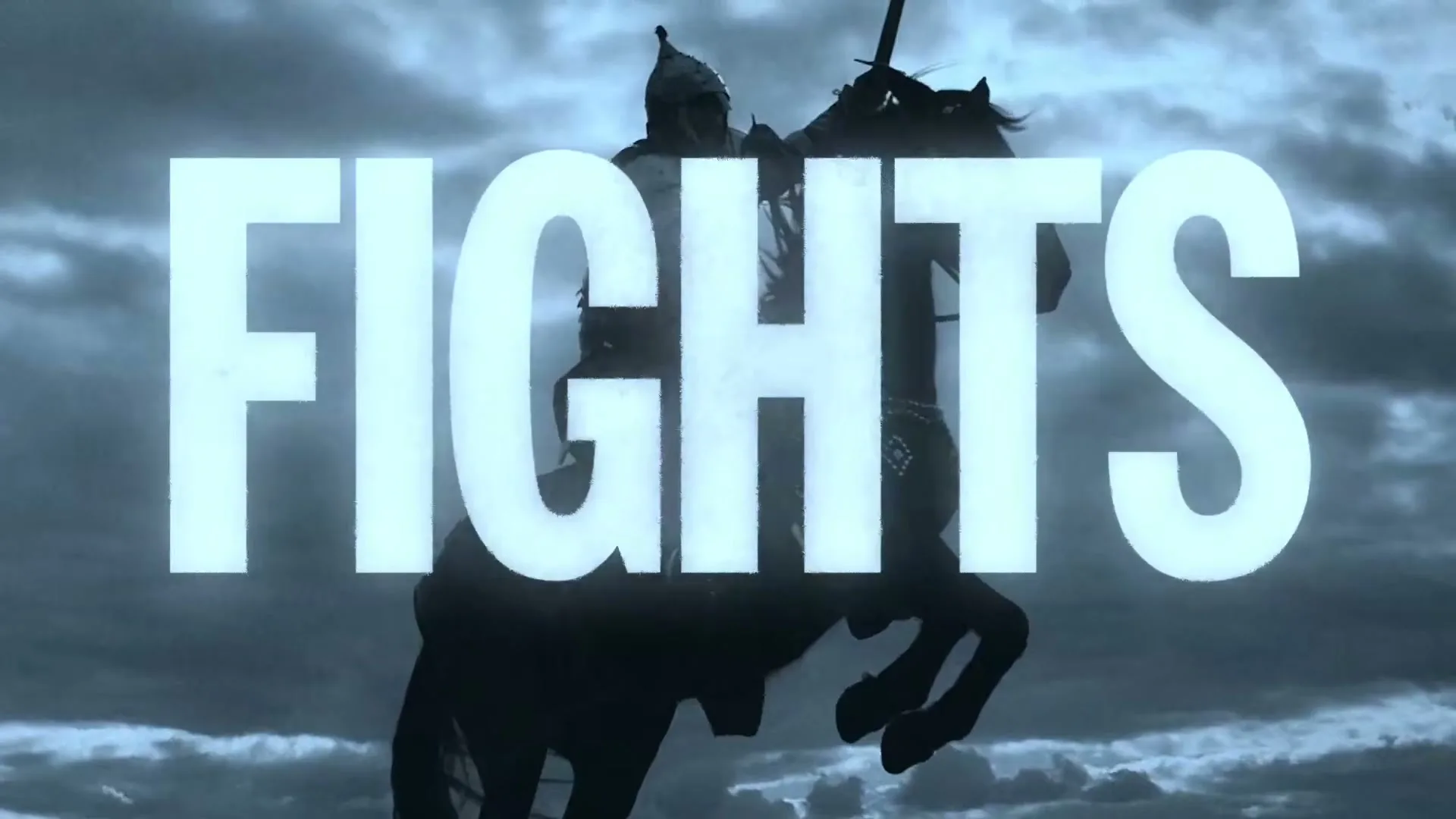 A silhouetted medieval knight on horseback rears up against a dramatic sky, with the word "FIGHTS" superimposed in large, bold letters.