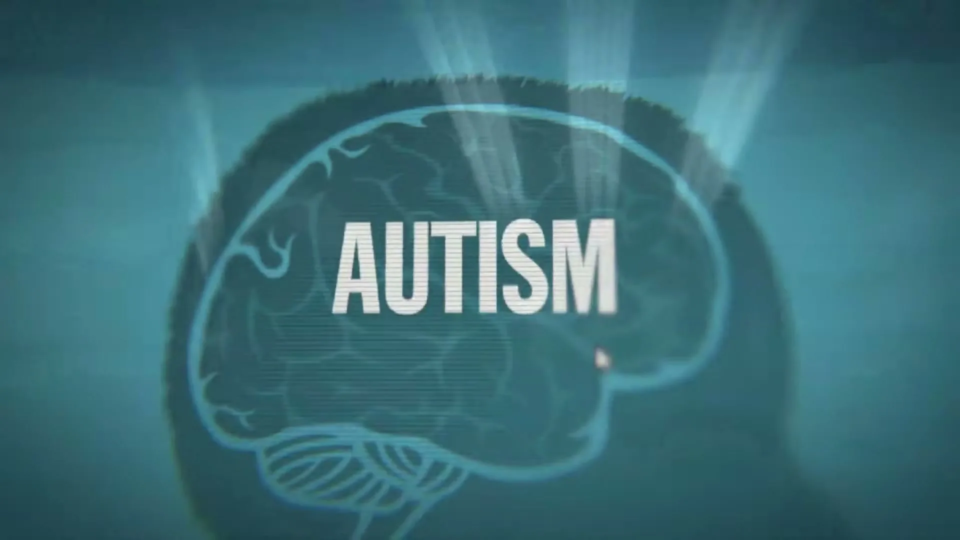 The word "AUTISM" appears in white text over a blue background with a faint outline of a human brain.