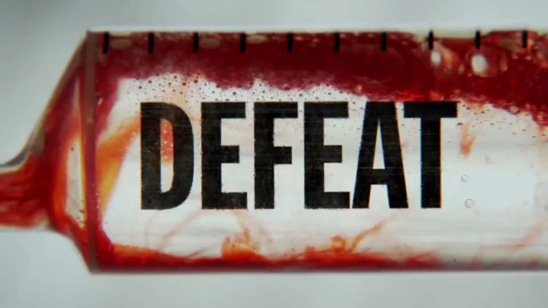 The word "DEFEAT" is seen inside a clear syringe, with red liquid and bubbles swirling around it, suggesting a struggle against illness.