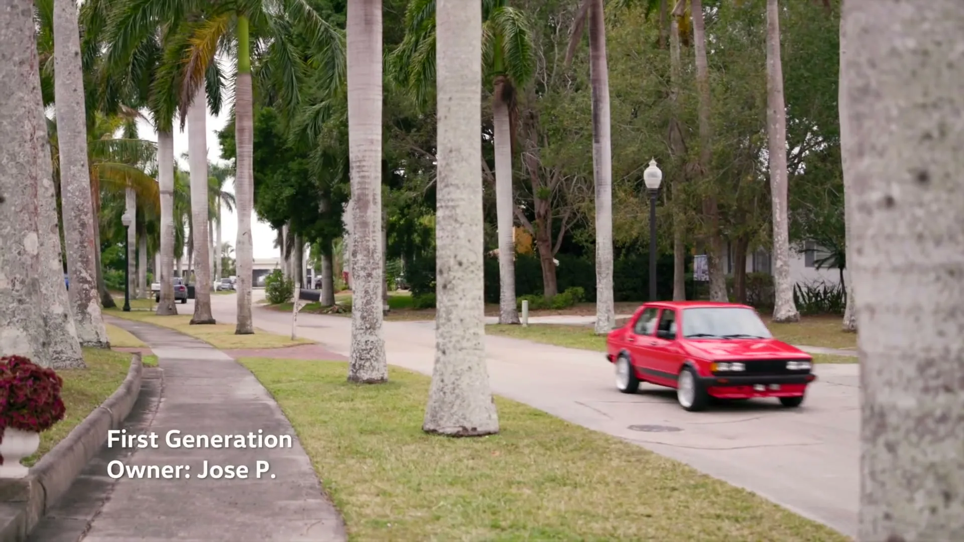A red Volkswagen car drives down a tree-lined suburban street with palm trees and houses in the background during the day.