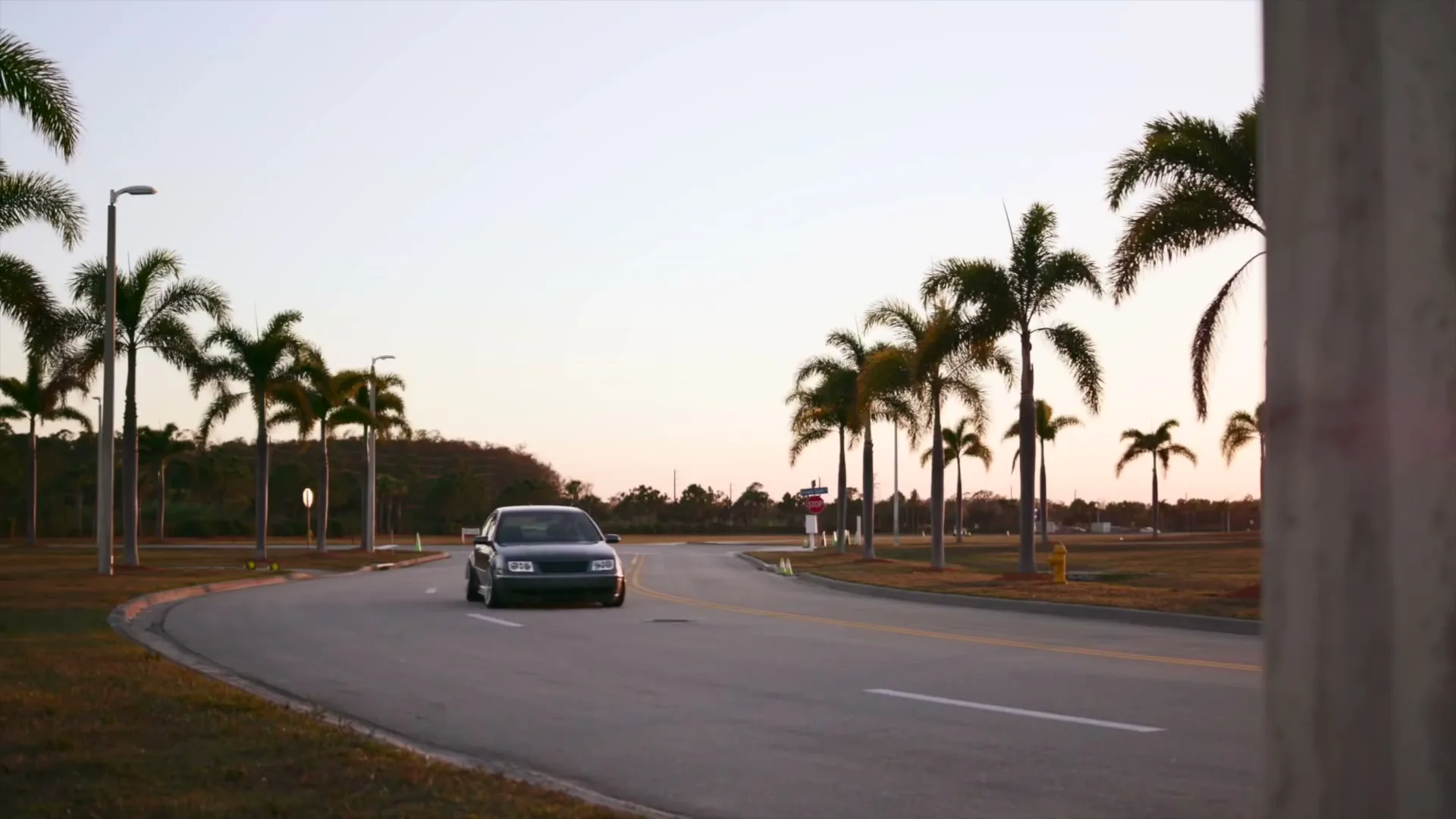 A dark grey Volkswagen Jetta drives along a curved road lined with palm trees at dusk.