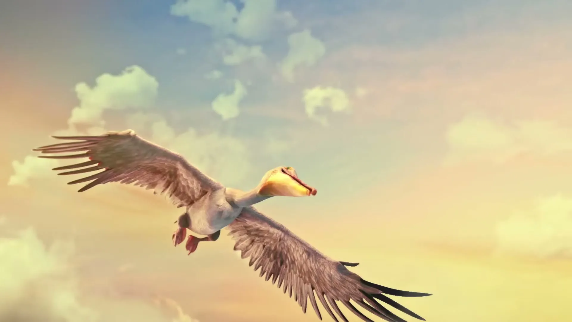 A pelican with a large beak and white feathers flies through a pastel sky with fluffy clouds.