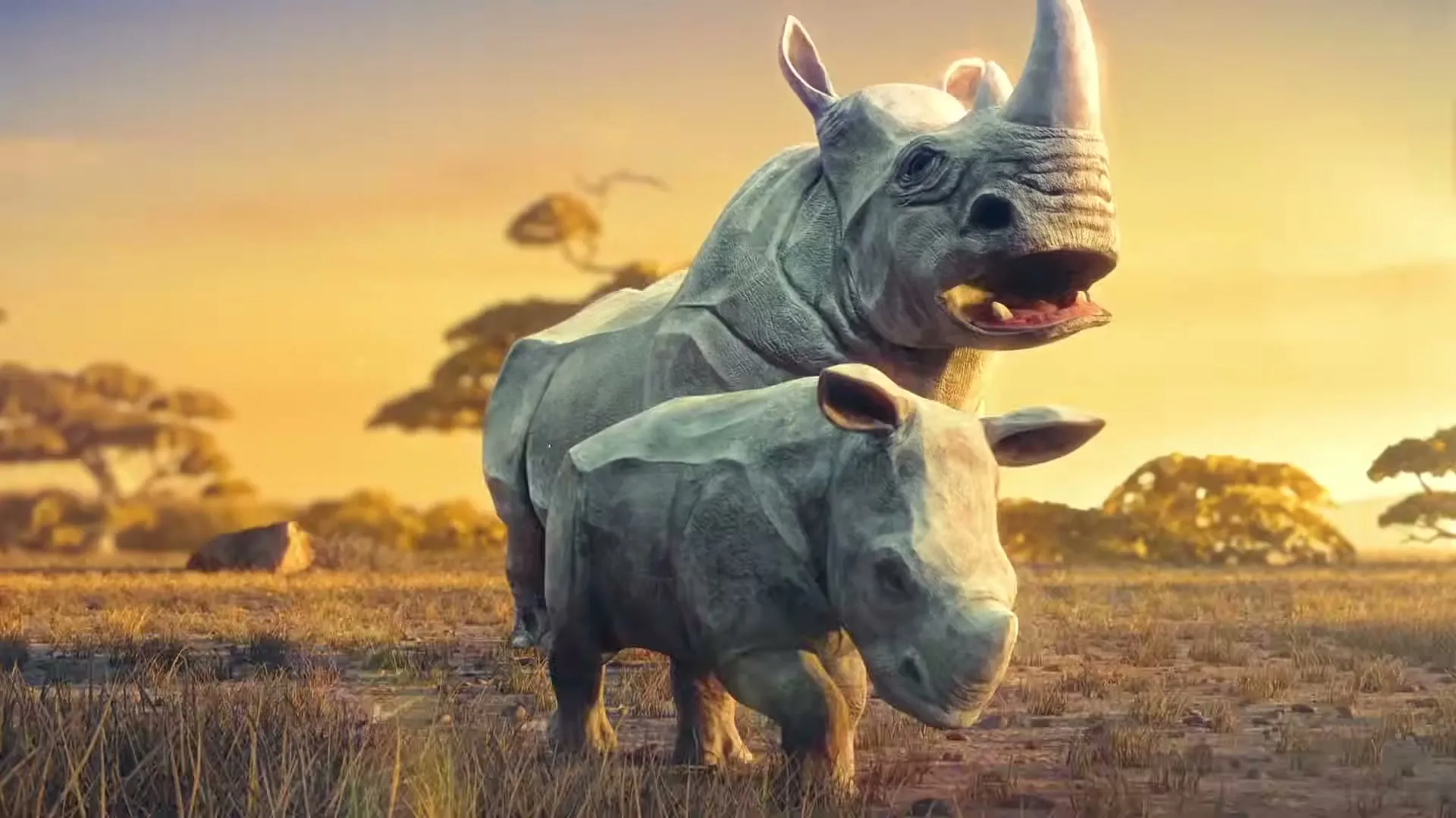 A mother rhinoceros and her baby walk across a golden savanna at sunset, with sparse trees in the background.