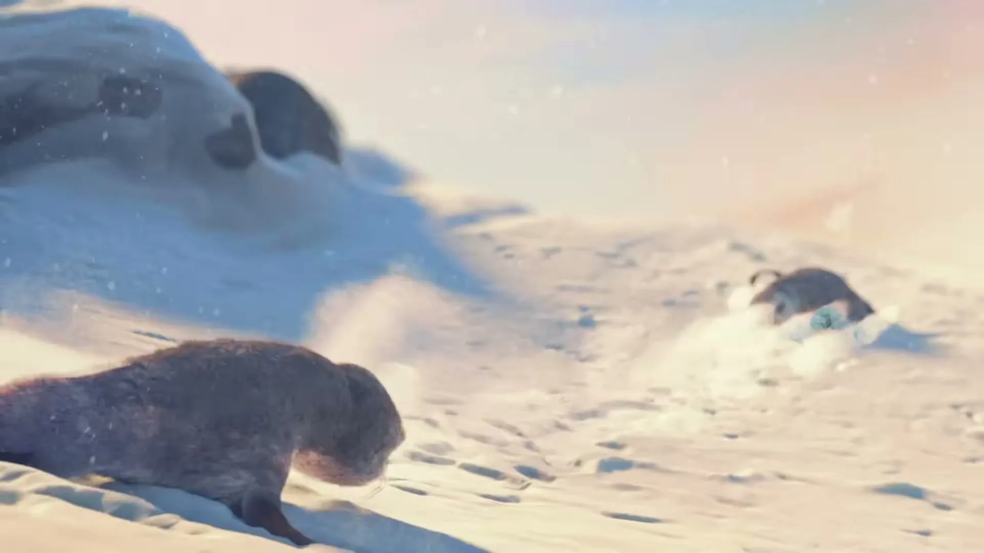 Two animated baby seals play in the snow, sliding down a hill and interacting playfully, as snow falls around them in a vast, icy landscape.