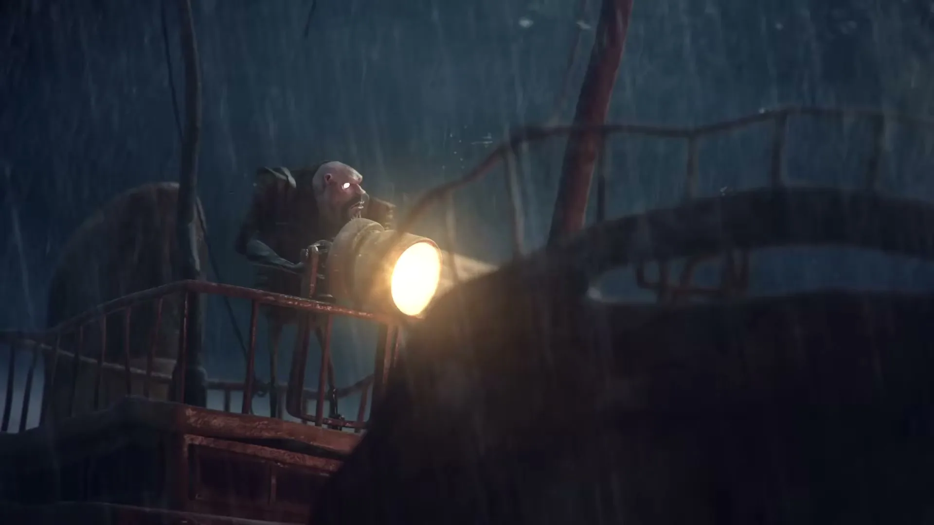 A bald, pale, monstrous figure with glowing eyes and a beard stands on a ship's deck in the rain, holding a bright lantern.