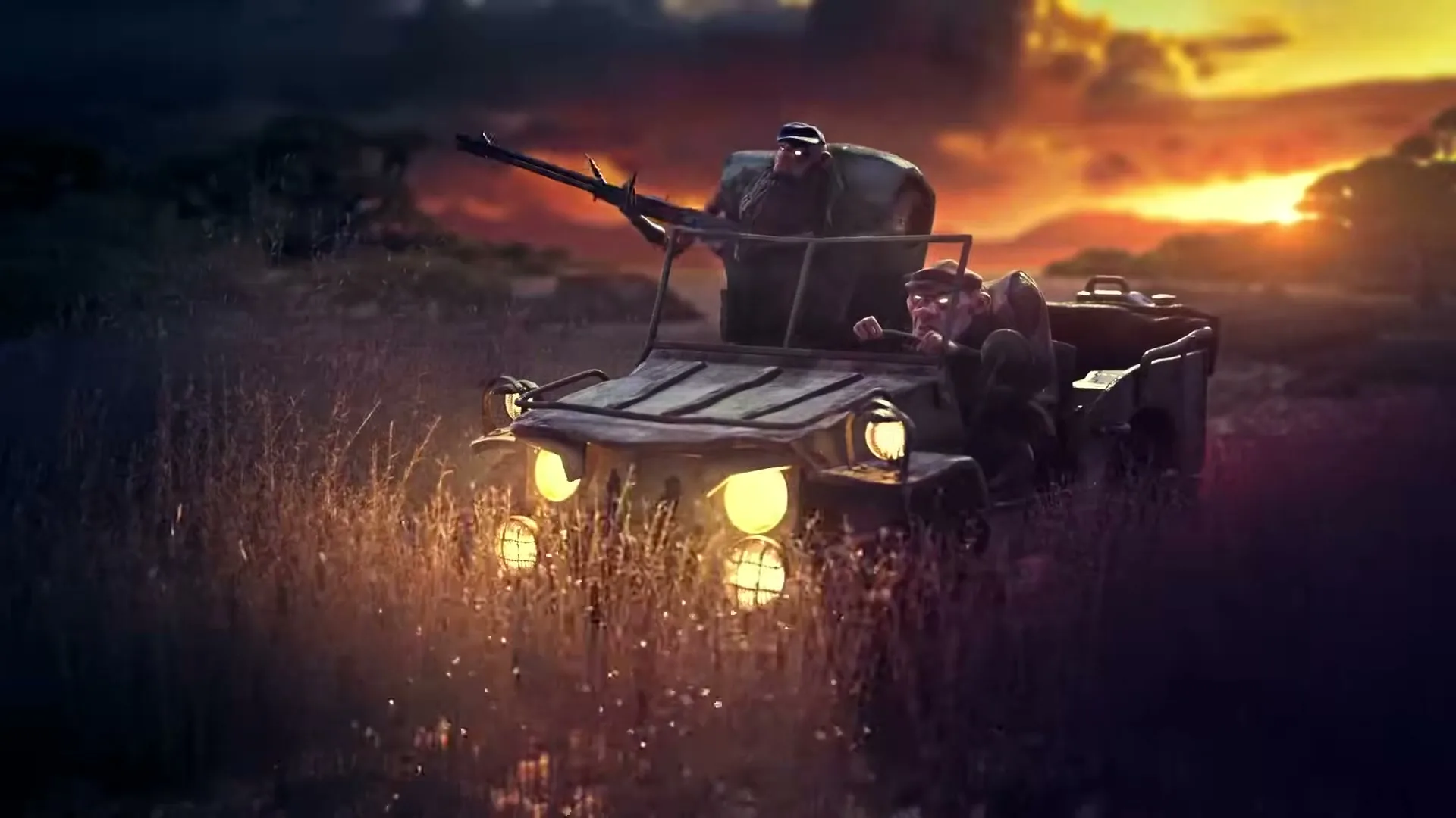 Two animated male soldiers in a jeep with headlights on drive through tall grass at sunset, one aiming a rifle.