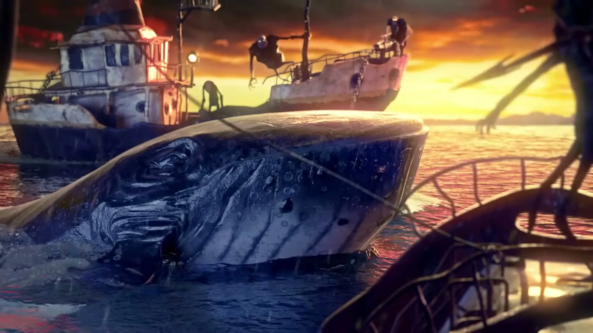 A large whale with a harpoon in its side surfaces next to a fishing boat, opening its mouth as a wooden plank falls out, at sunset.