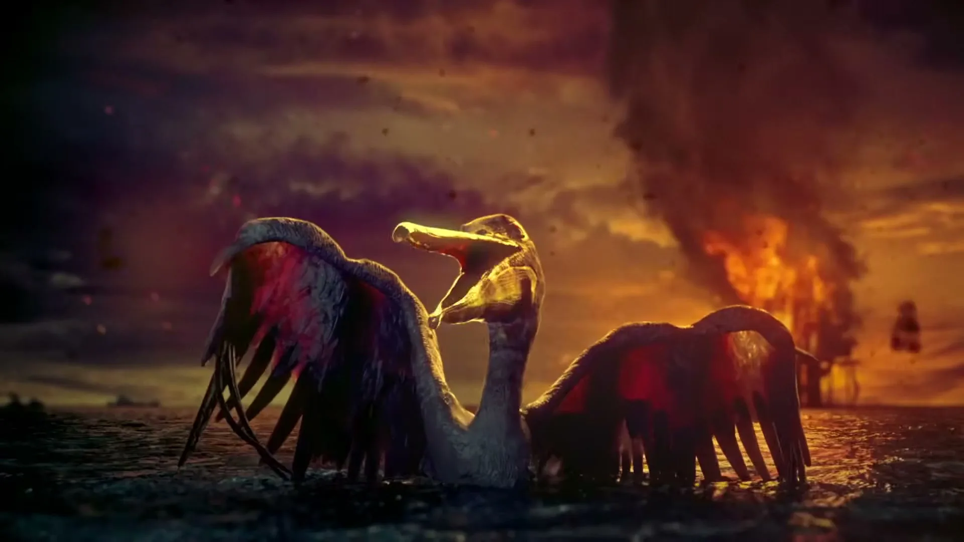 A pelican-like bird struggles in oil-slicked water, its wings spread, as a burning oil rig blazes in the background under a fiery sky.