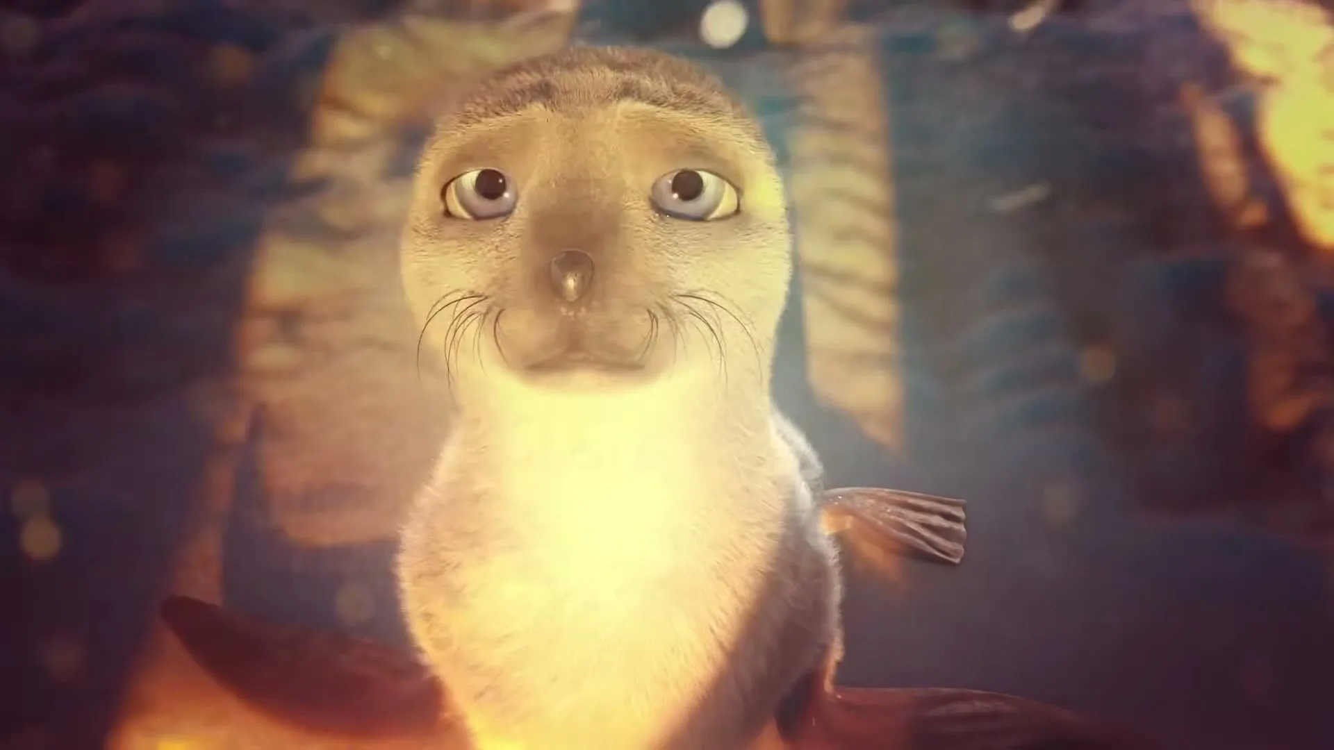 A cute, fluffy baby seal with big blue eyes looks up at the camera, then closes its eyes, glowing with a warm light in a dark, watery environment.