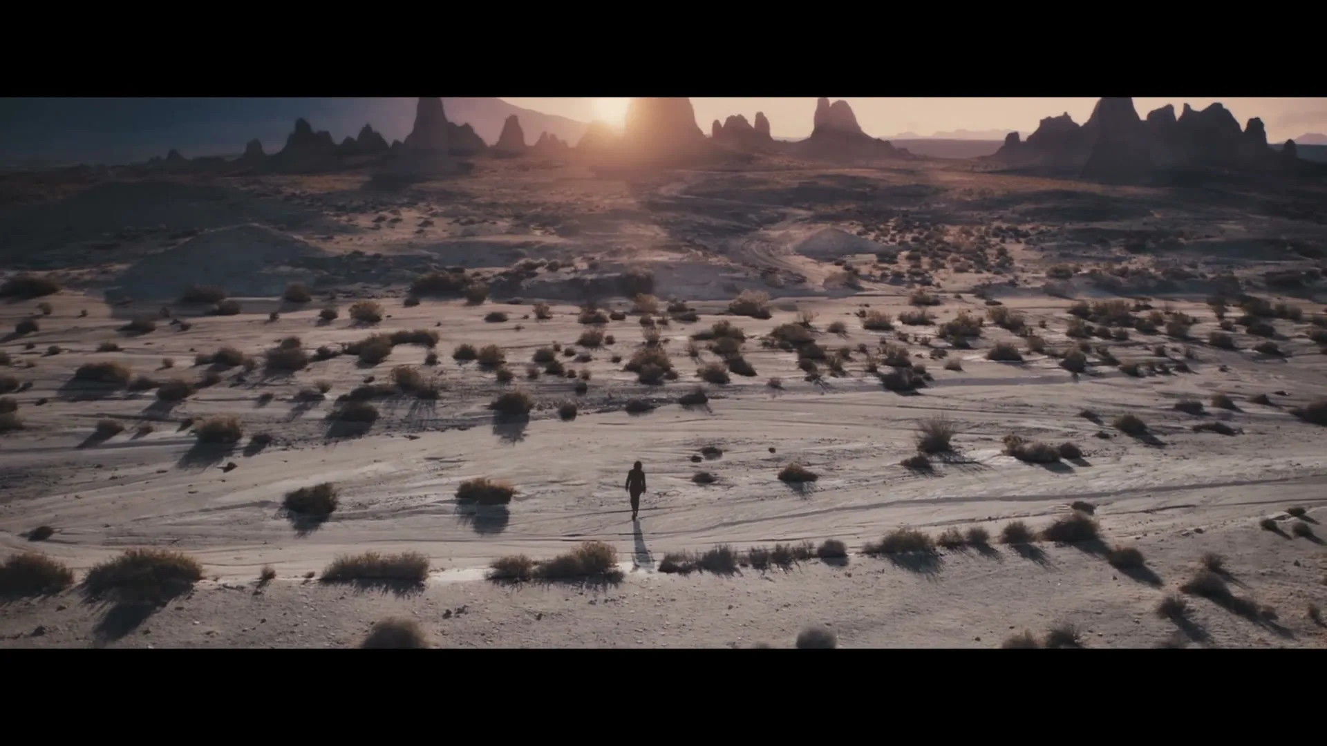 A lone figure walks through a vast desert landscape with rock formations in the distance, as a man's face is superimposed over the scene.