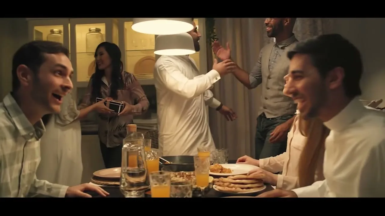 A diverse group of friends and family gather around a dining table, laughing and interacting, as one person receives a gift in a warm, inviting home.