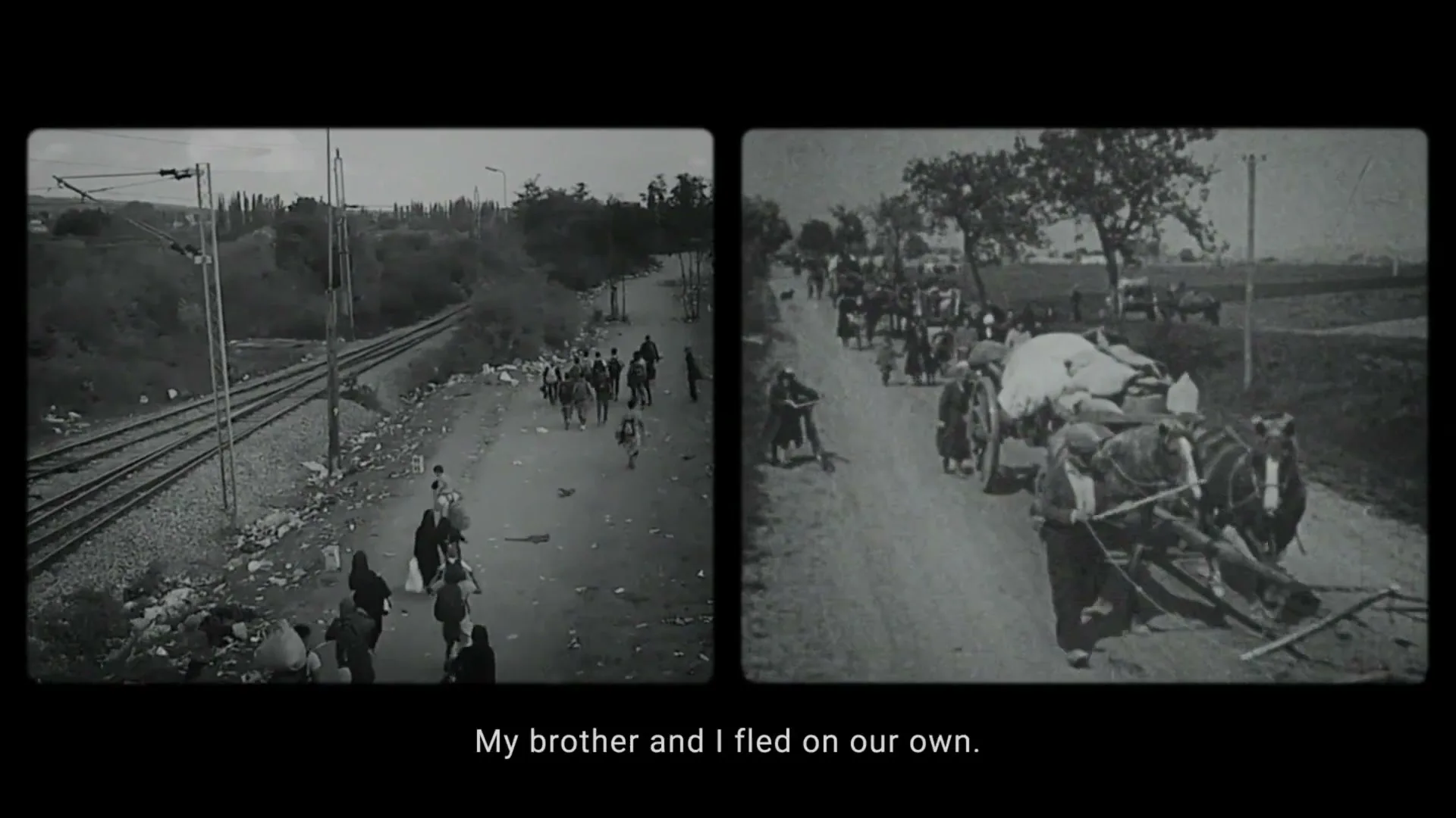 A split screen shows two black and white archival footage clips of refugees fleeing, one on a dirt road next to train tracks, the other on a rural road with horse-drawn carts.