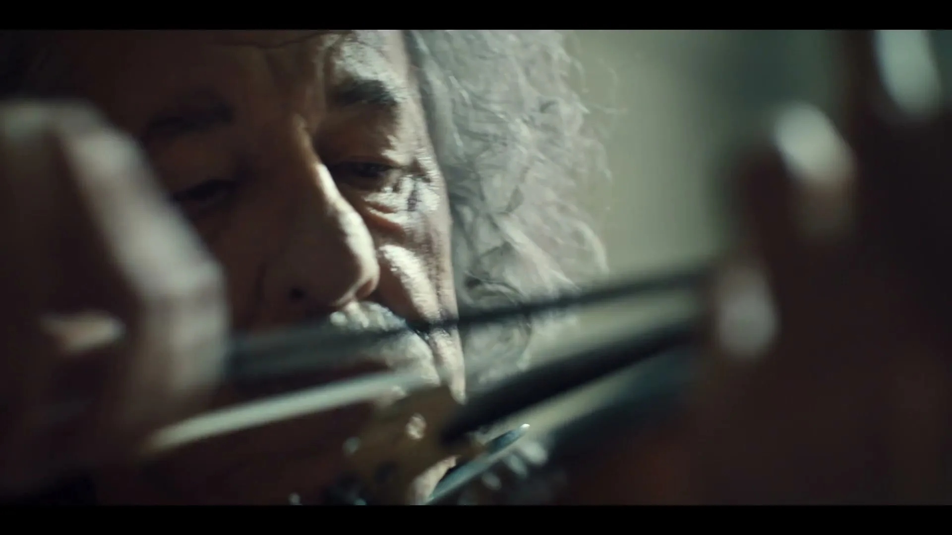 A close-up shot of an older man with gray hair and a mustache, playing a violin with a focused expression in an interior setting.