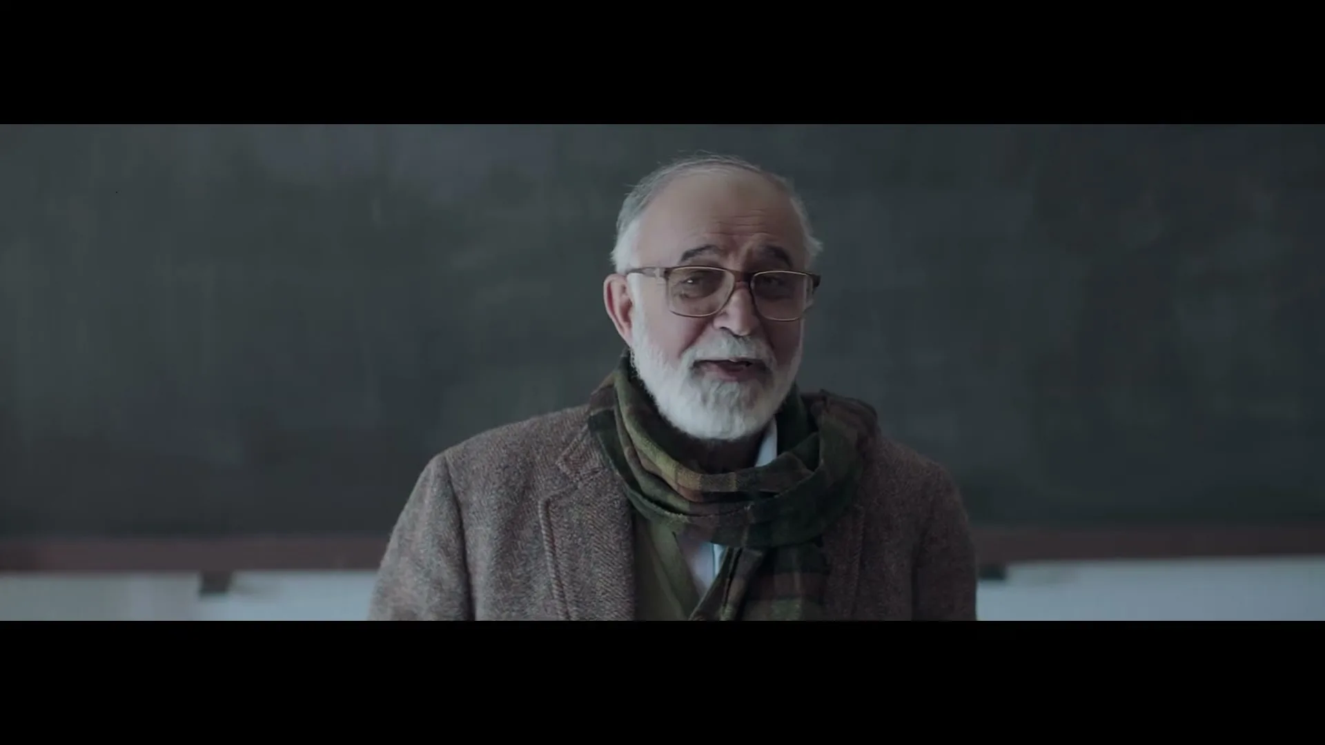 An older man with a white beard and glasses, wearing a tweed jacket and scarf, smiles and speaks in a classroom with a blackboard behind him.