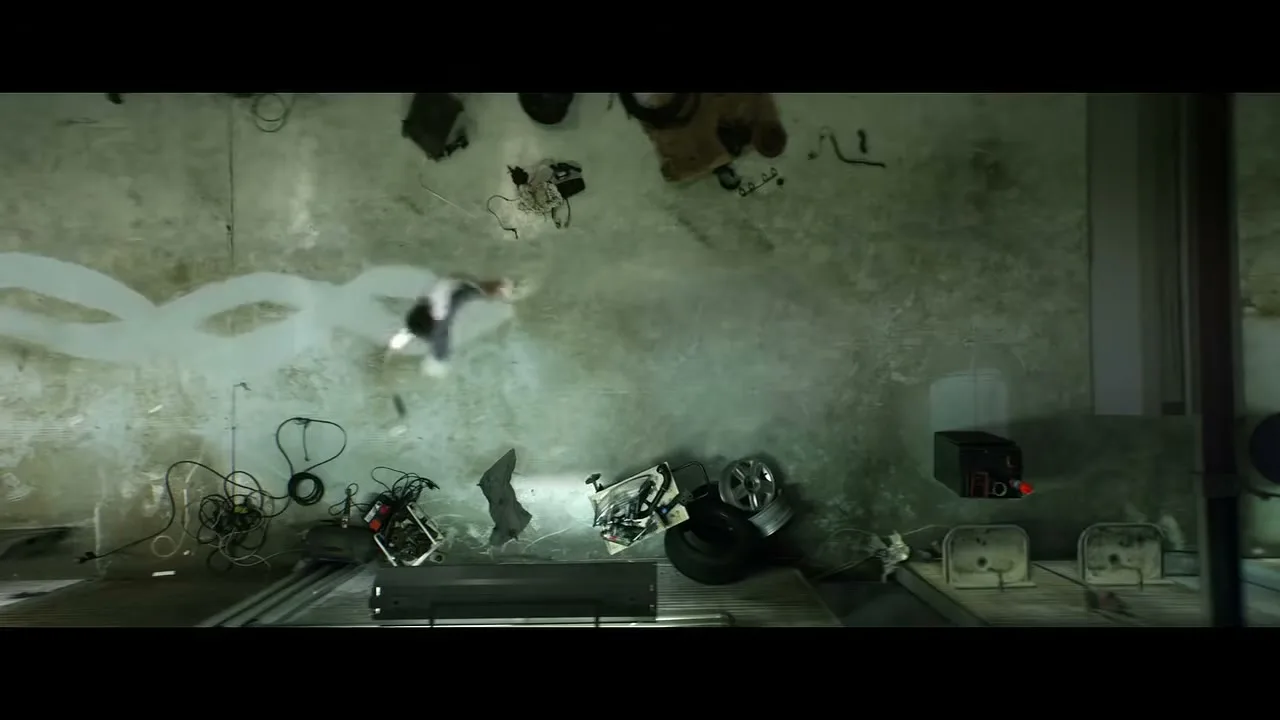A man in a white shirt and dark pants cleans a dirty garage floor with a white, foamy trail, seen from an overhead perspective.