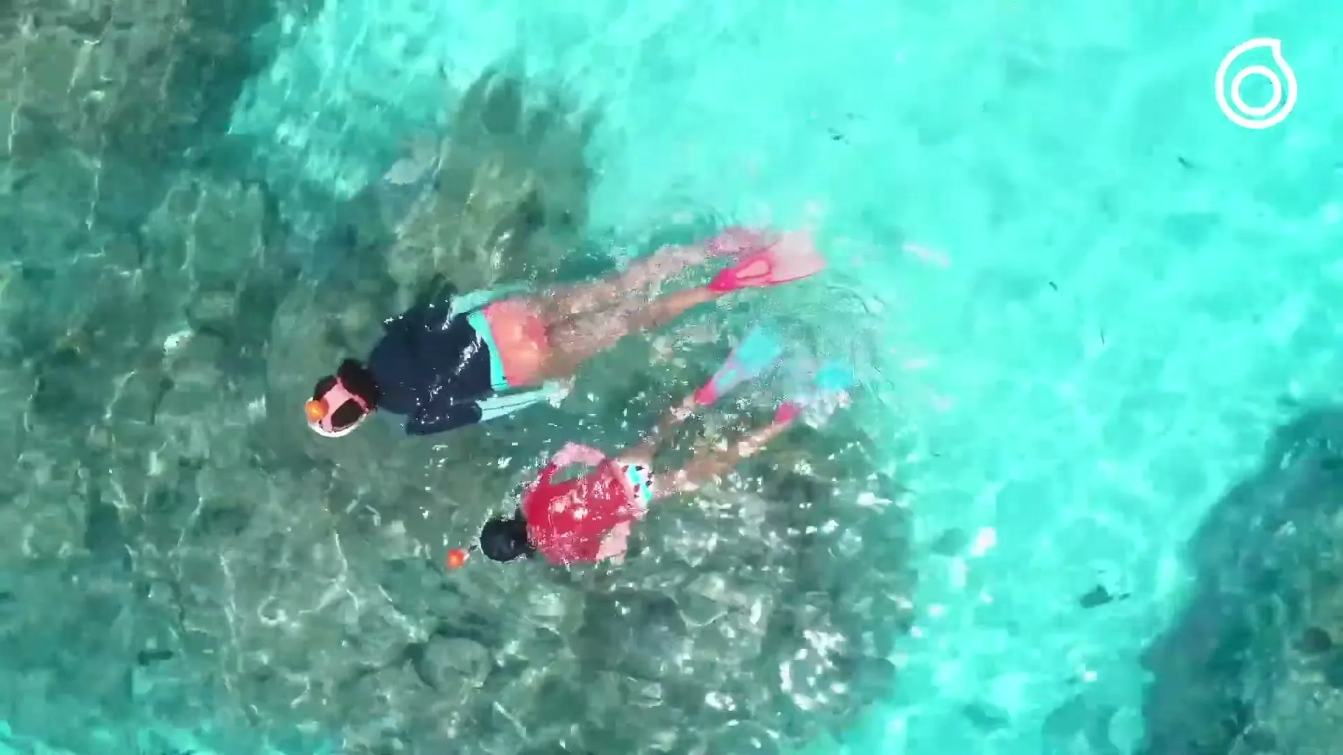 Two people wearing snorkeling gear swim over coral reefs in clear turquoise water, seen from an aerial perspective.