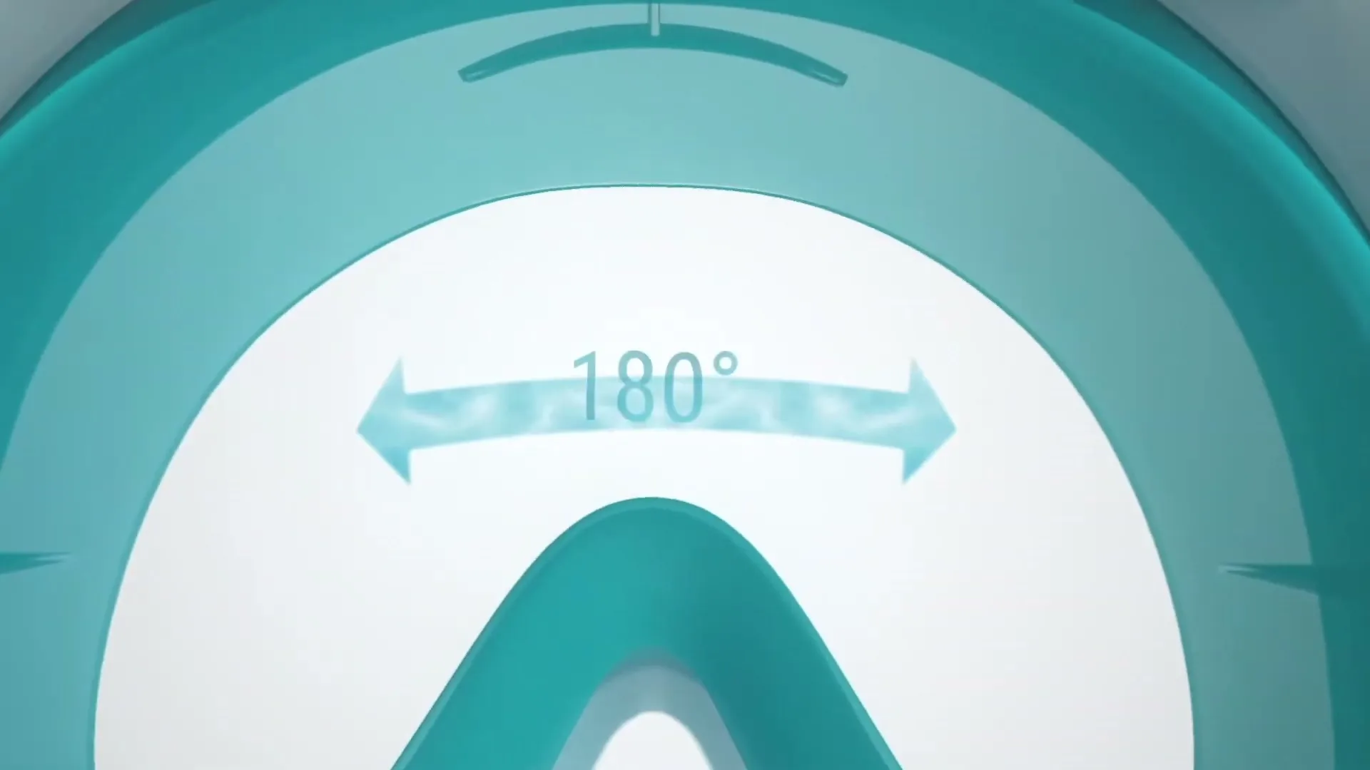 A close-up shot of a teal and white snorkel mask with a graphic overlay of "180°" and two arrows, indicating a wide field of vision.