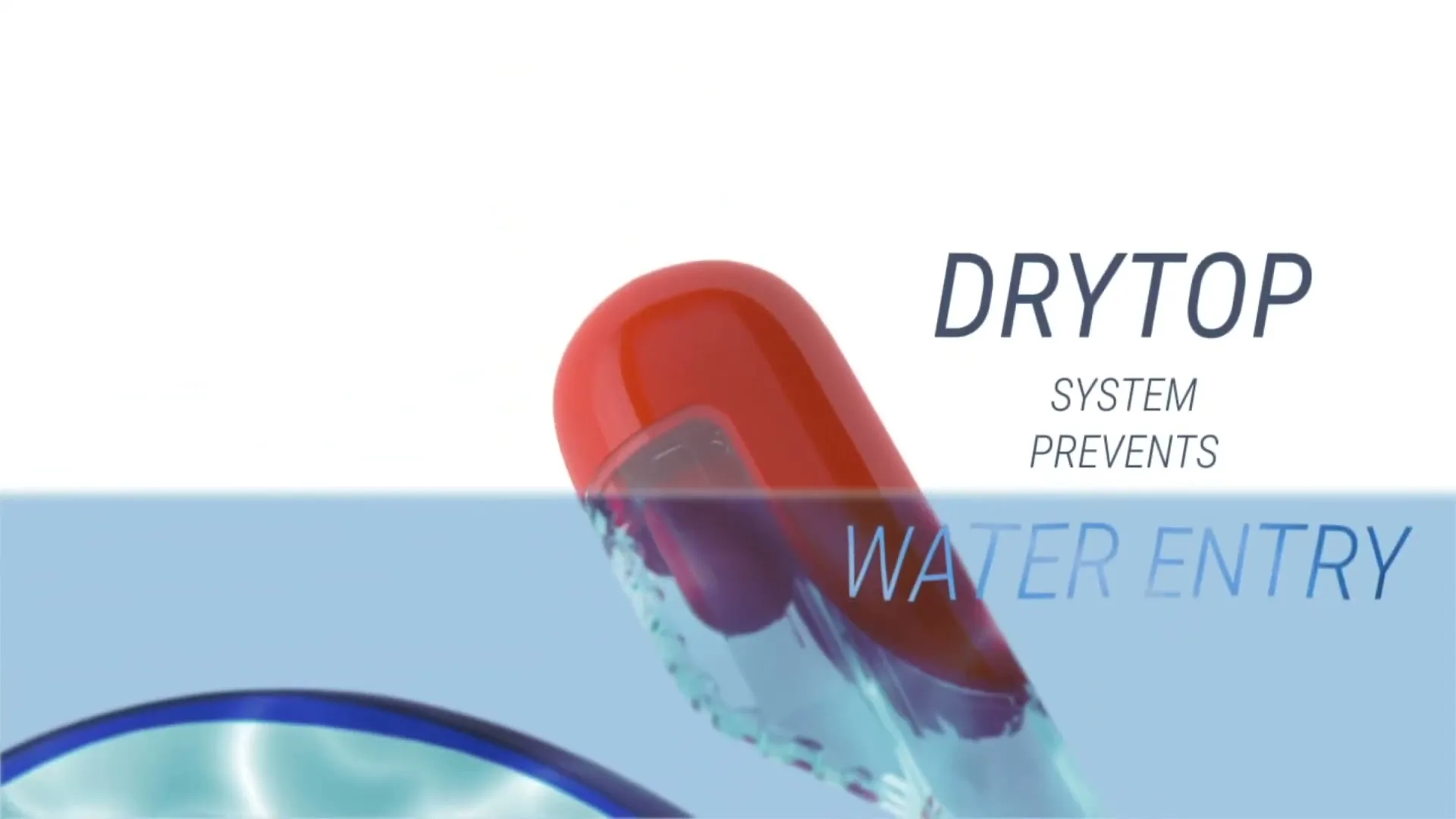 A red and blue snorkel mask is shown with the red snorkel part dipping into blue water, demonstrating the "Drytop System" that prevents water entry.