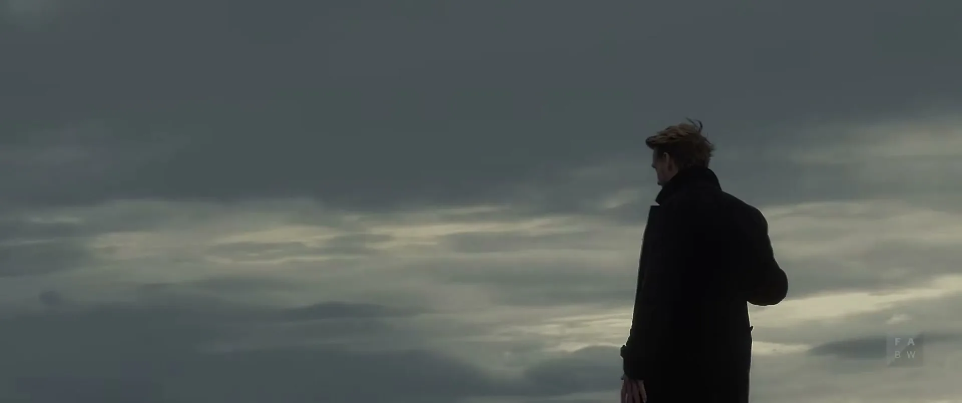 A man with blonde hair and a dark coat stands on a desolate landscape, looking out at a cloudy, overcast sky.