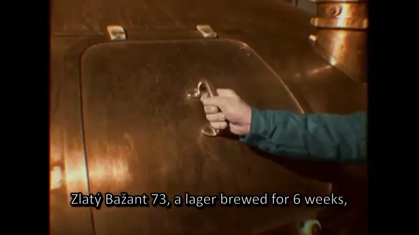 A man's hand in a green sleeve opens a latch on a large, shiny copper brewing vat in a brewery.