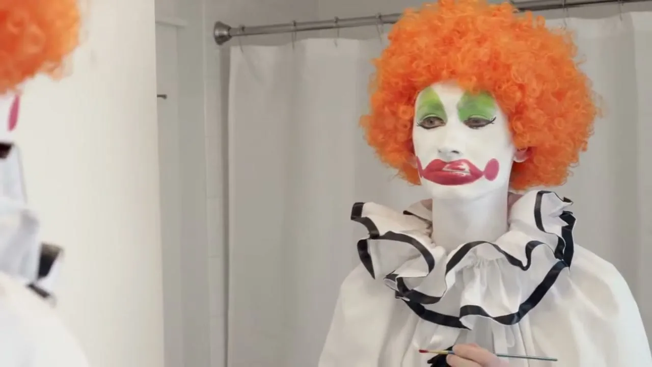 A person in a white clown costume with an orange wig applies red lipstick in a mirror in a bathroom.
