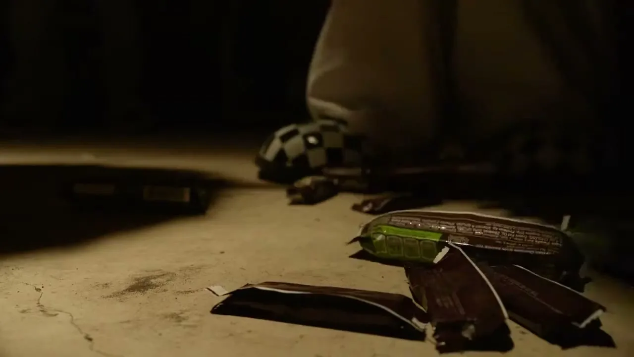 A person's hands frantically tear open candy wrappers on a dirty concrete floor in a dimly lit, dark room.