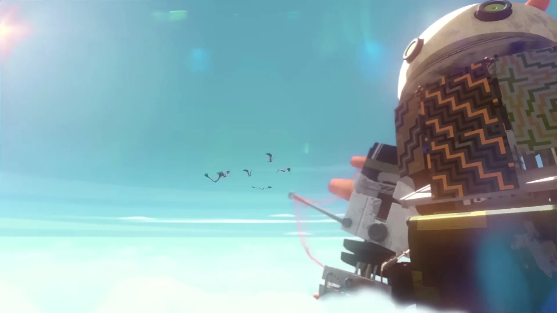 A large, round, beige robot with a patterned scarf and mechanical arms flies through a bright blue sky, with small birds flying around it.