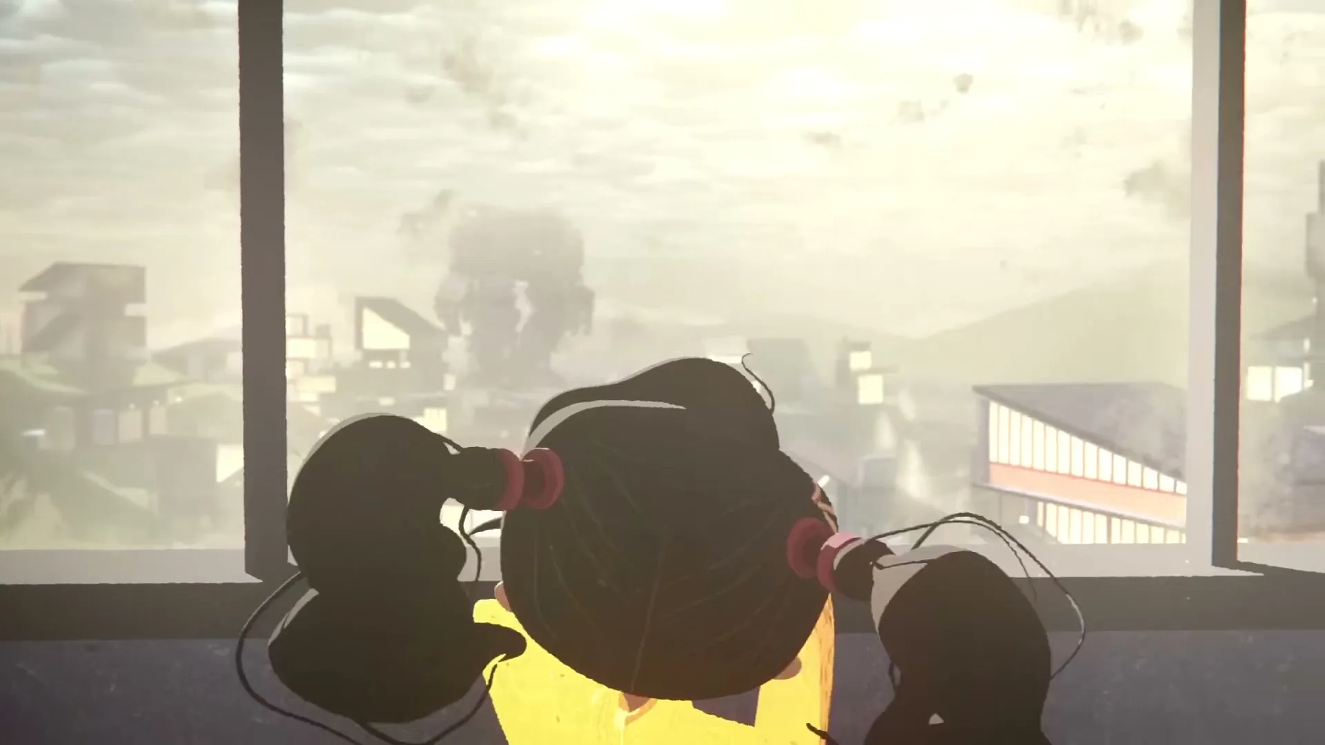 A giant robot walks through a desolate, dusty landscape, then a young girl looks out her window at the robot, then turns to her wall of environmental posters.