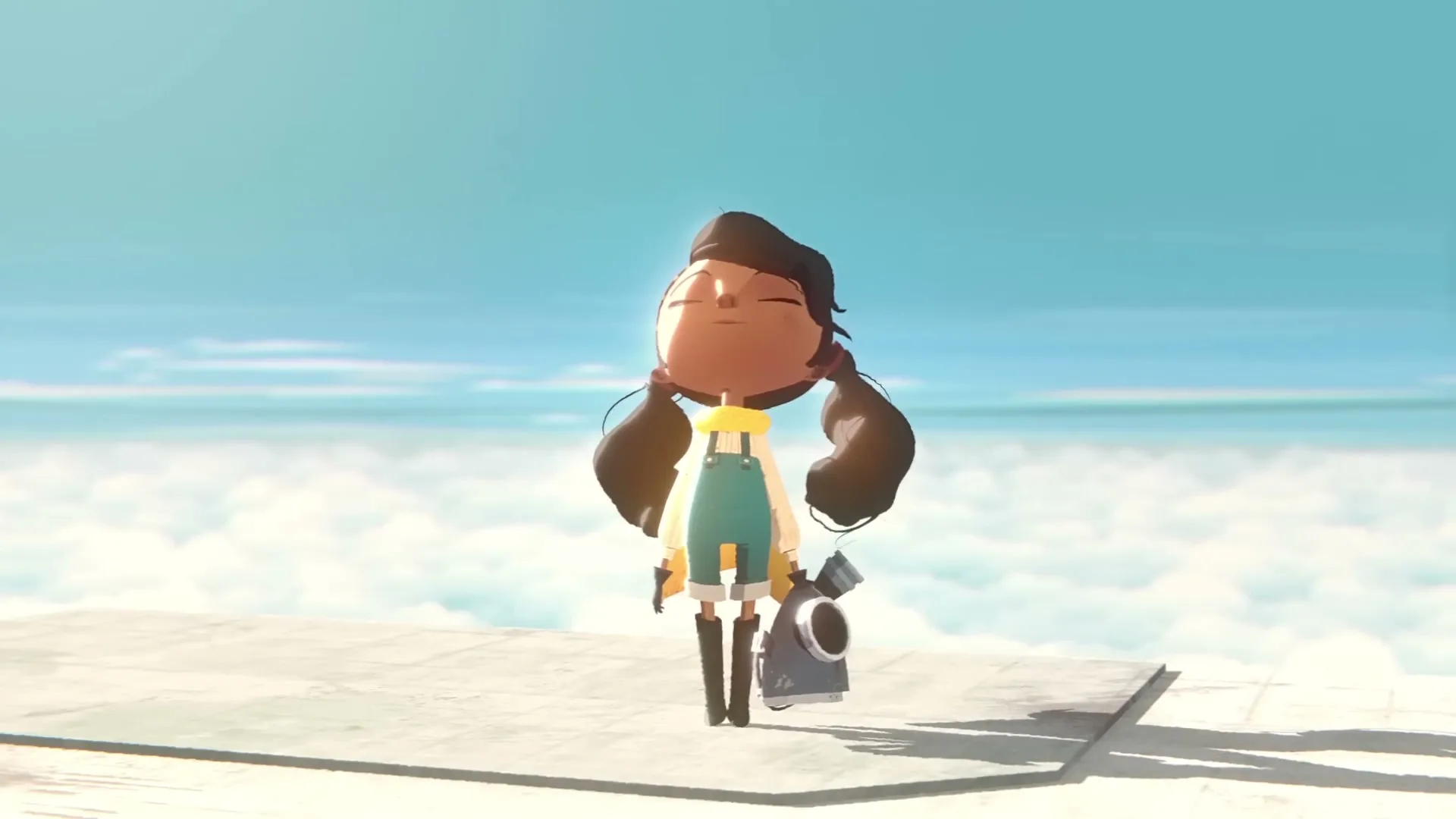 A young animated girl removes her gas mask, takes a deep breath, and looks around with wonder, standing on a platform above the clouds.