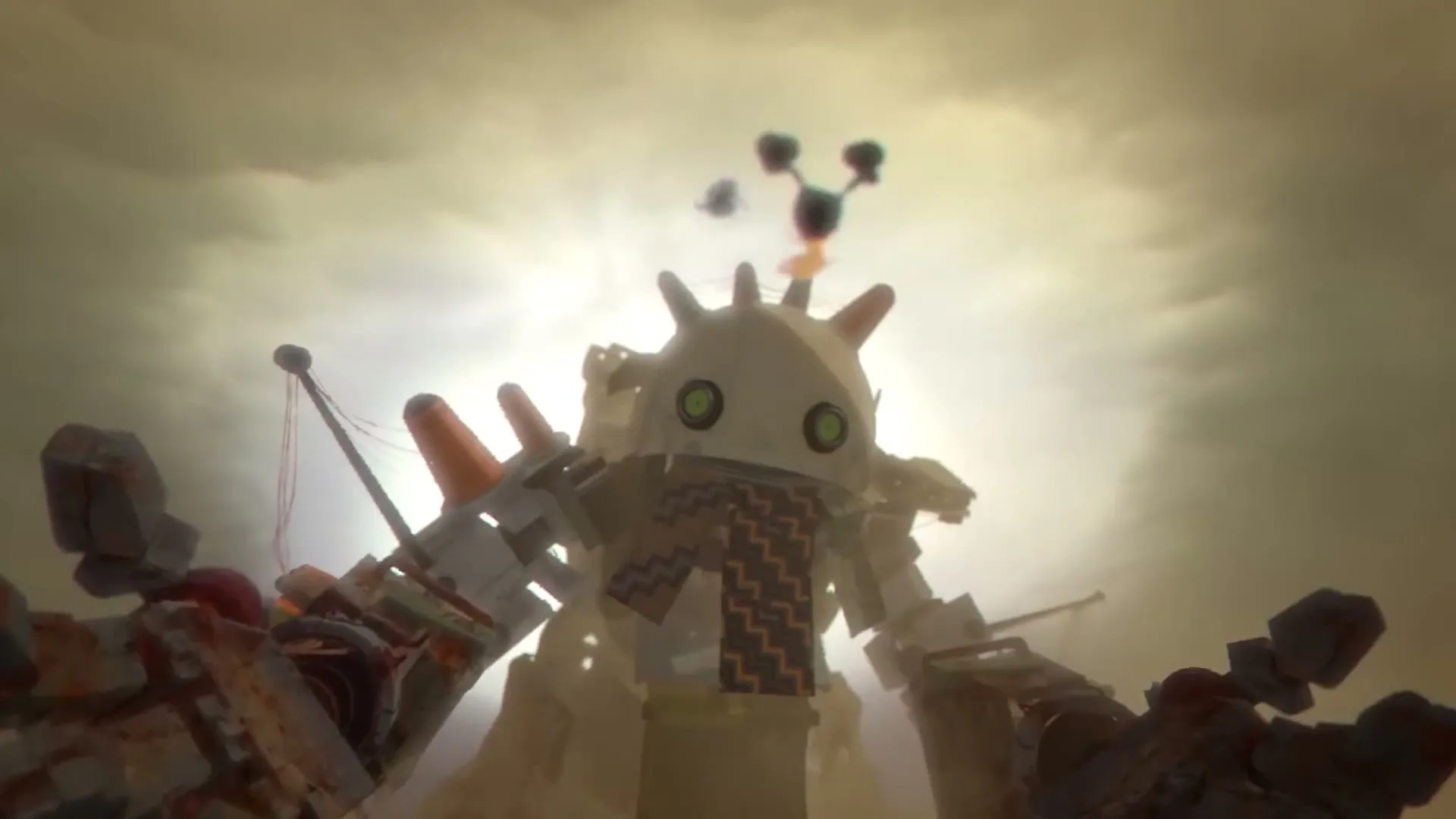A giant, white, spiky robot with green eyes and a patterned scarf stands against a bright, cloudy sky, as a gas mask falls into the foreground.