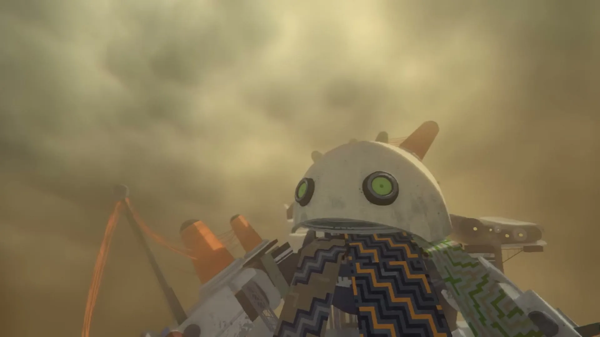 A giant, white, round robot with green eyes and a patterned scarf looks up at a dusty, cloudy sky in a desolate landscape.