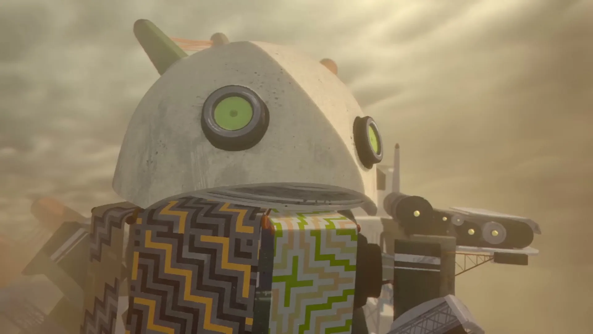 A large, stylized robot with green eyes and patterned fabric on its body stands in a dusty, hazy environment, looking forward.