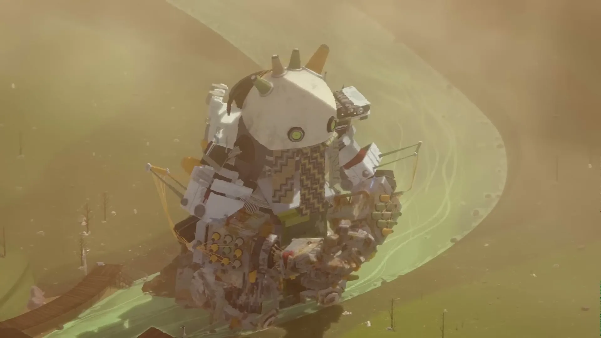 A large, white, robot-like creature with a scarf and spiky head stands in a desolate, dusty landscape with a green river.