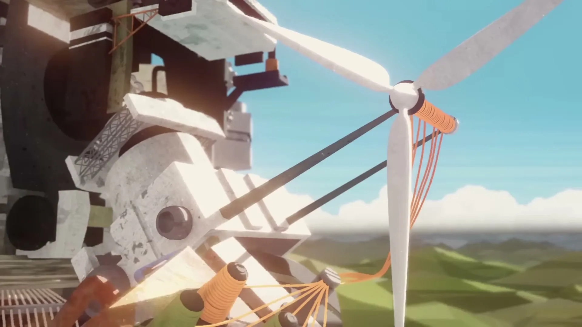 A wind turbine, made of yarn and other materials, spins in the wind, generating power for a large, complex machine in a stylized, animated landscape.