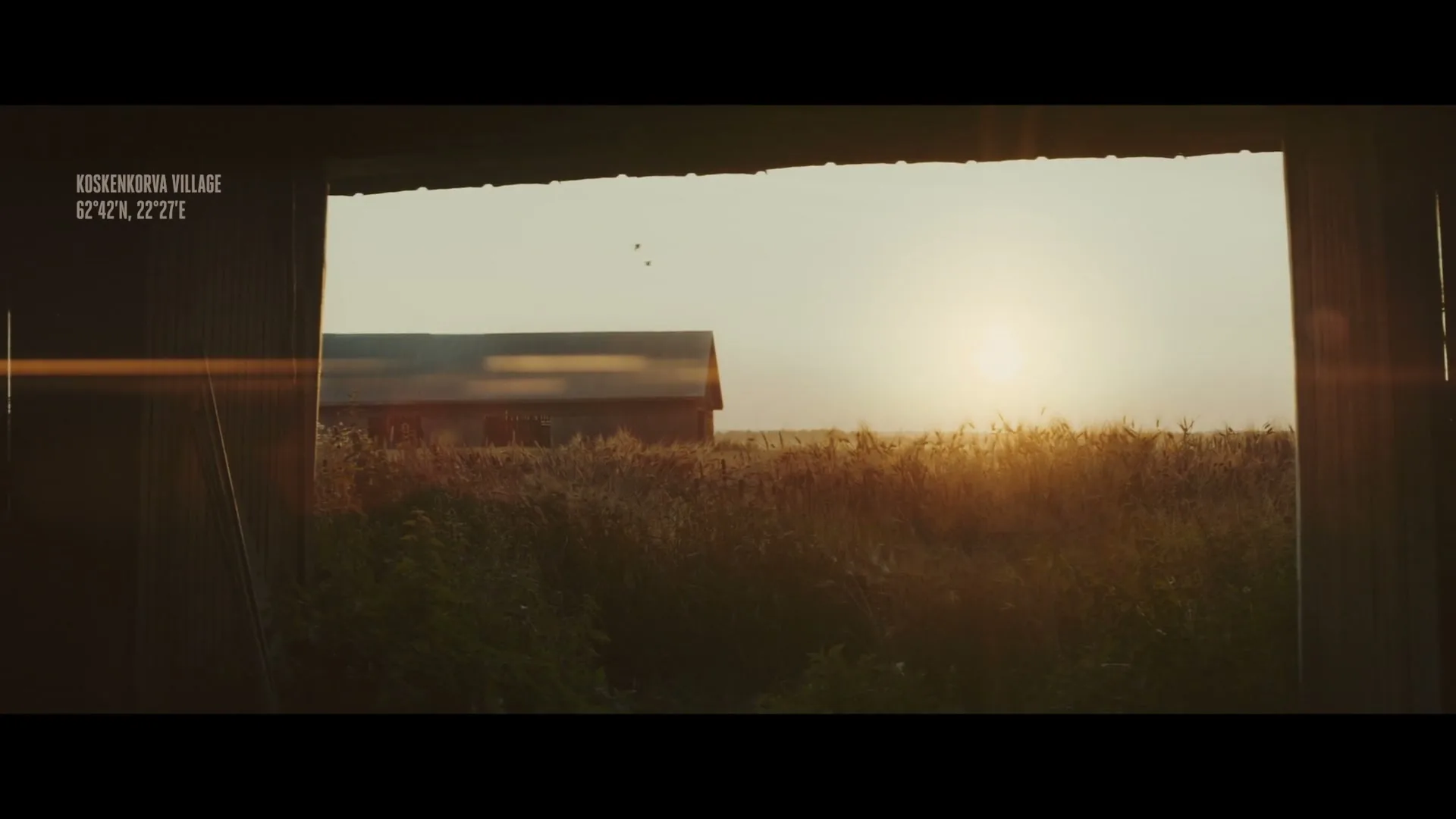 A wide shot through a barn door shows a red barn in a field of tall grass at sunset, with lens flare.