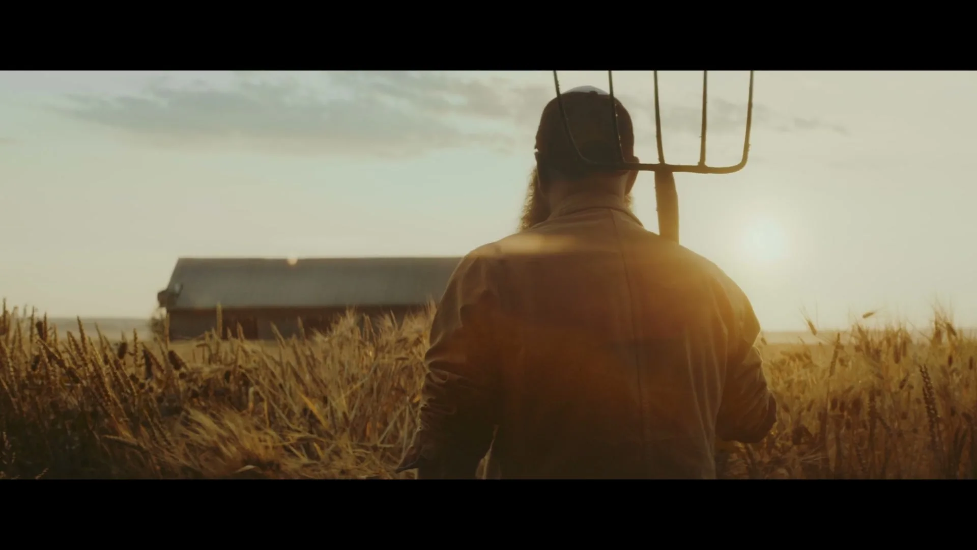 A farmer with a beard and a cap, holding a pitchfork, stands in a golden wheat field, looking towards a distant barn at sunset.