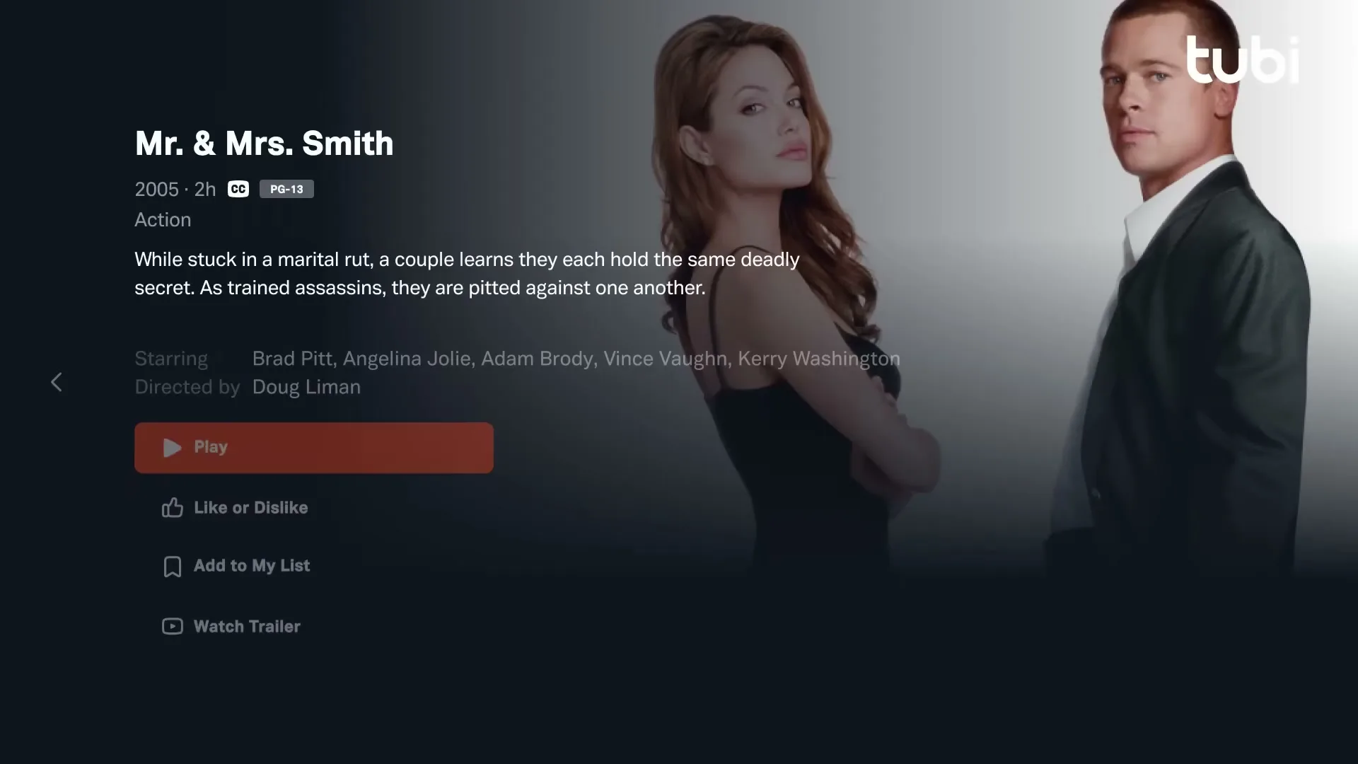 A screen capture of the Tubi streaming service interface, showing the movie "Mr. & Mrs. Smith" with Angelina Jolie and Brad Pitt.