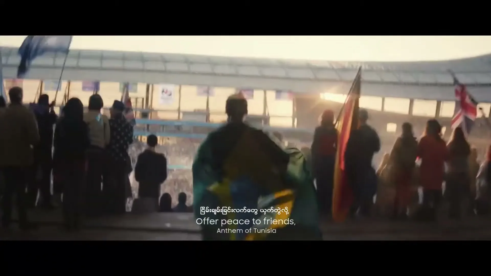 A person with a flag draped over their shoulders stands in a stadium with other people, facing away from the camera as the sun sets.
