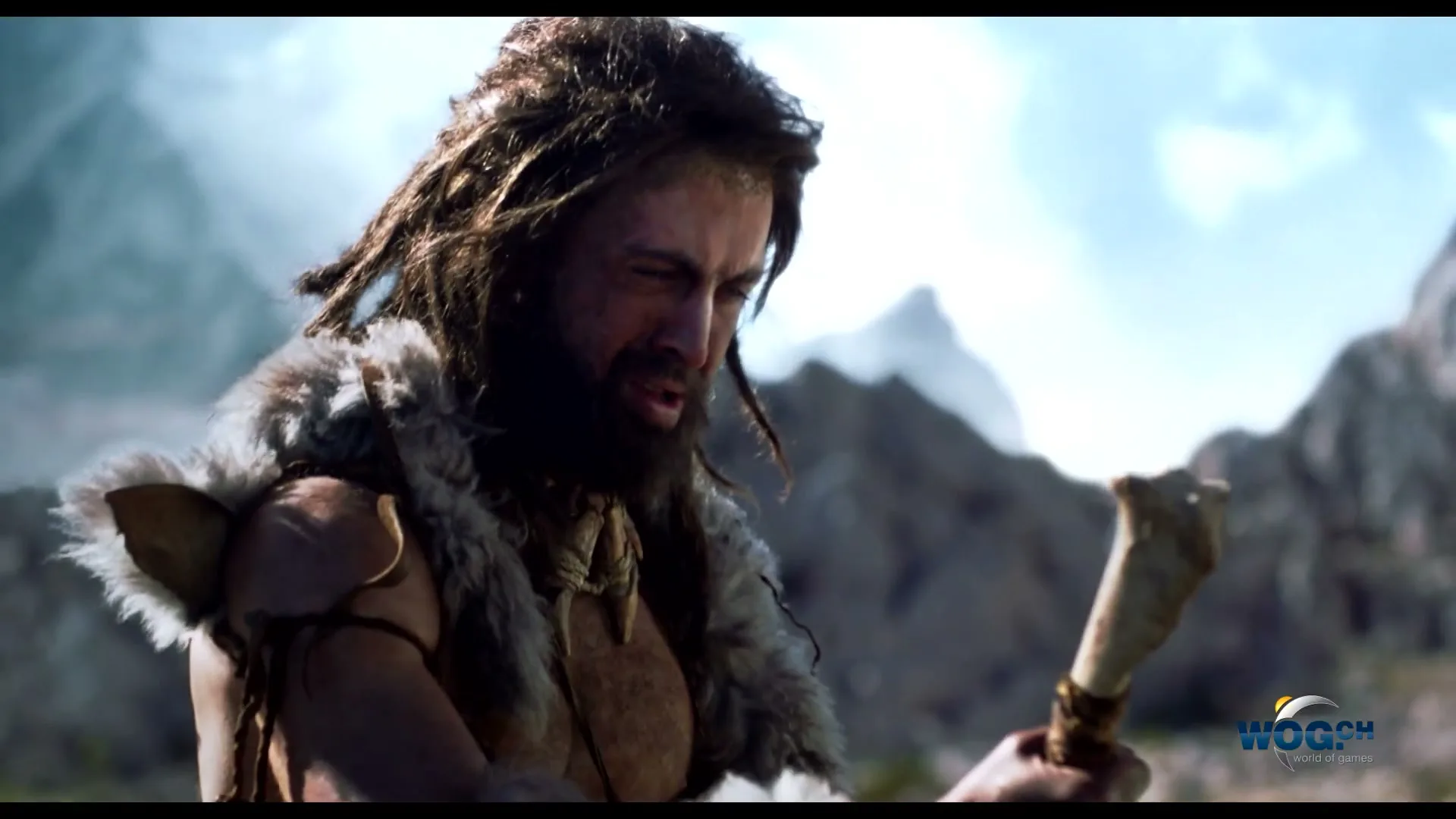 A rugged caveman with dreadlocks and fur clothing holds a bone club, looking determined in a mountainous, prehistoric landscape.