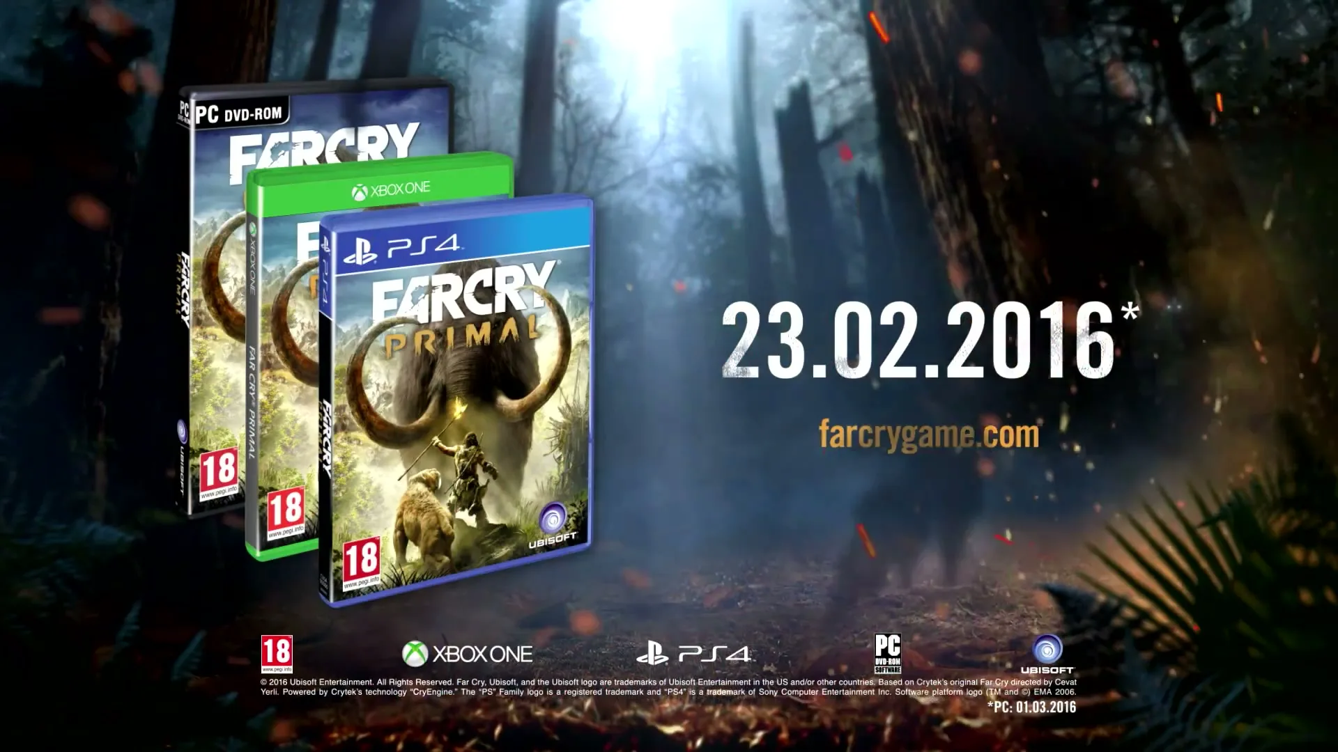 Three video game boxes for "Far Cry Primal" are displayed against a blurred forest background, with the release date and website visible.
