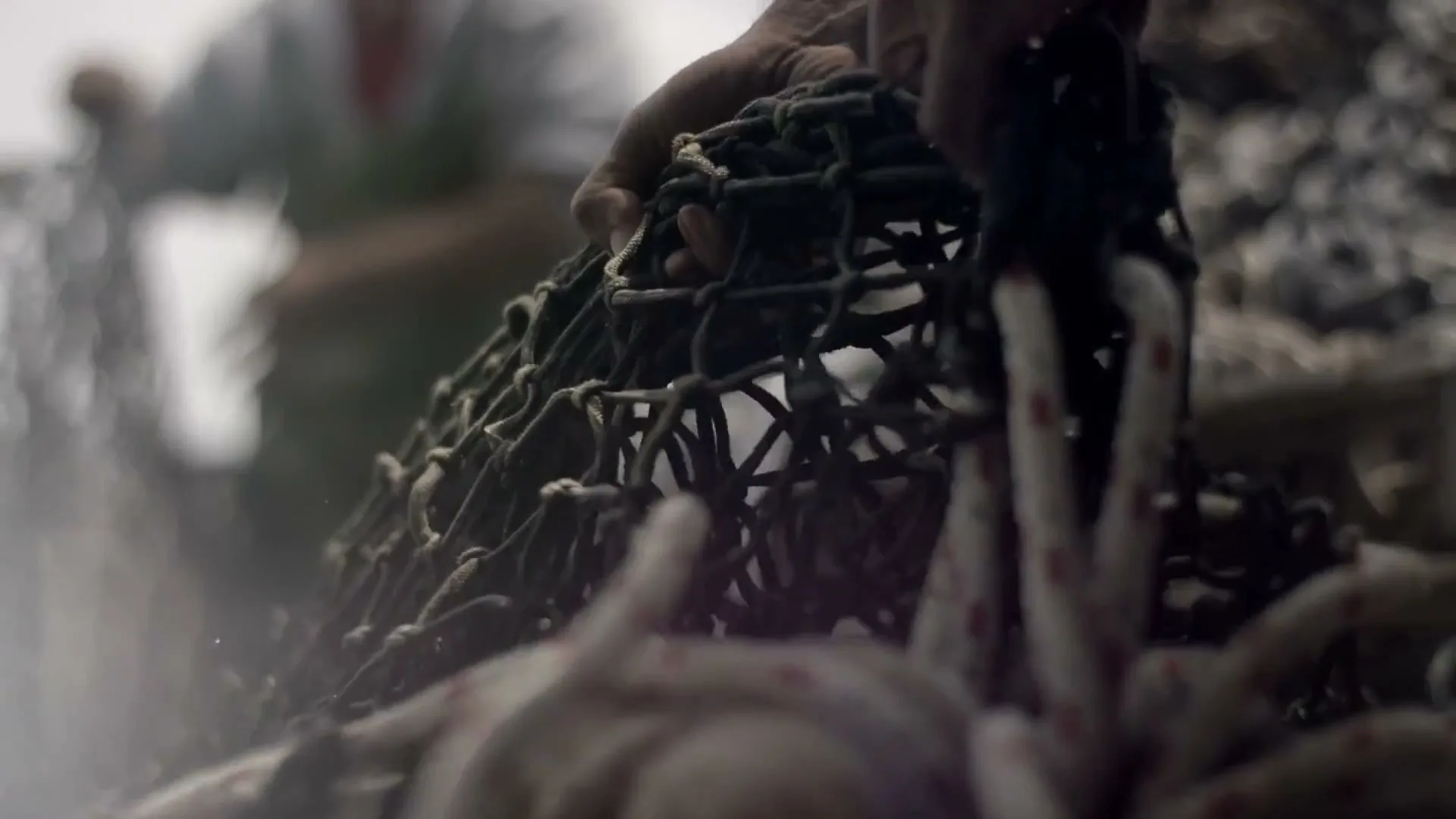 A weathered hand pulls a fishing net, with another person in the background, on a boat during the day.