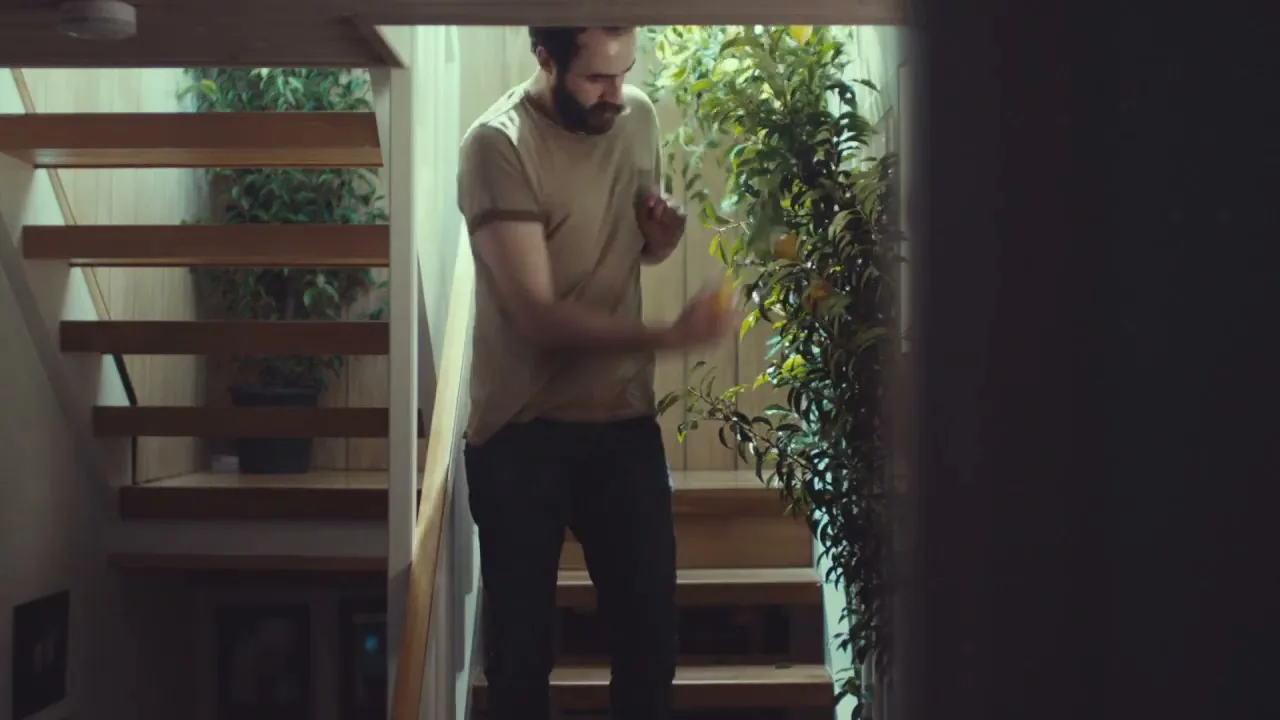 A man with a beard and a t-shirt walks down a wooden staircase, picking a lemon from a small tree next to the stairs.