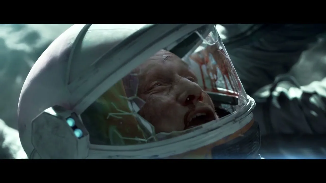A male astronaut with a bloody, injured face inside a broken helmet floats in space, looking distressed and in pain.