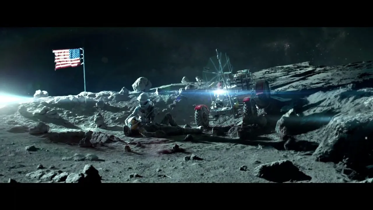 An astronaut in a white spacesuit sits on the moon's surface next to a lunar rover, with an American flag planted nearby under a dark, starry sky.