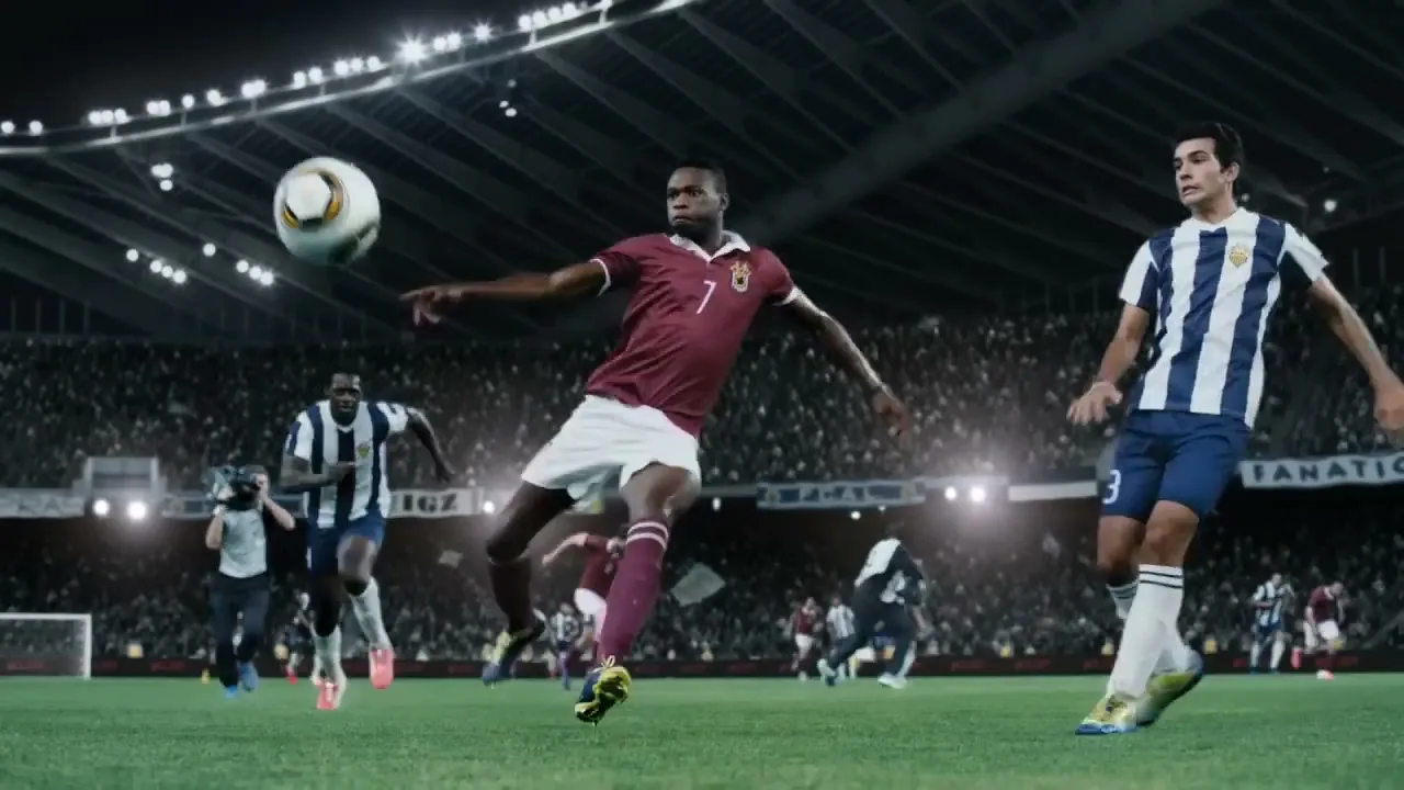 A male soccer player in a maroon jersey kicks a soccer ball during a game in a large stadium at night.