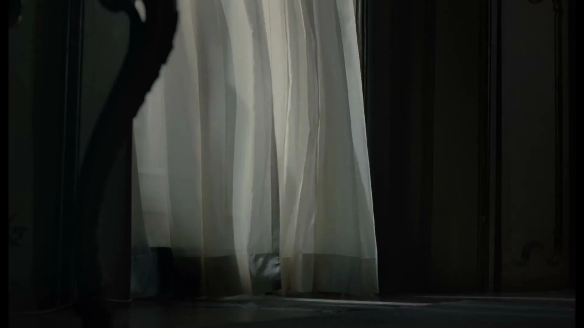 A sheer white curtain billows gently in a dark, ornate room, with light filtering through from an unseen window.