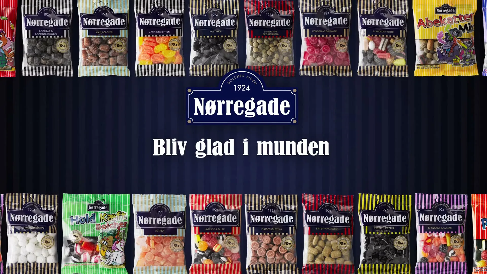 A gothic woman with dark makeup and headphones looks at the camera, surrounded by a grid of Nørregade candy bags and the brand's logo and slogan.