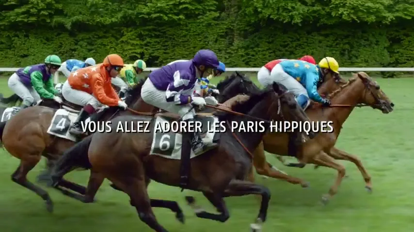 Jockeys in colorful silks ride racehorses at full gallop on a green track, with trees in the background and text overlay.