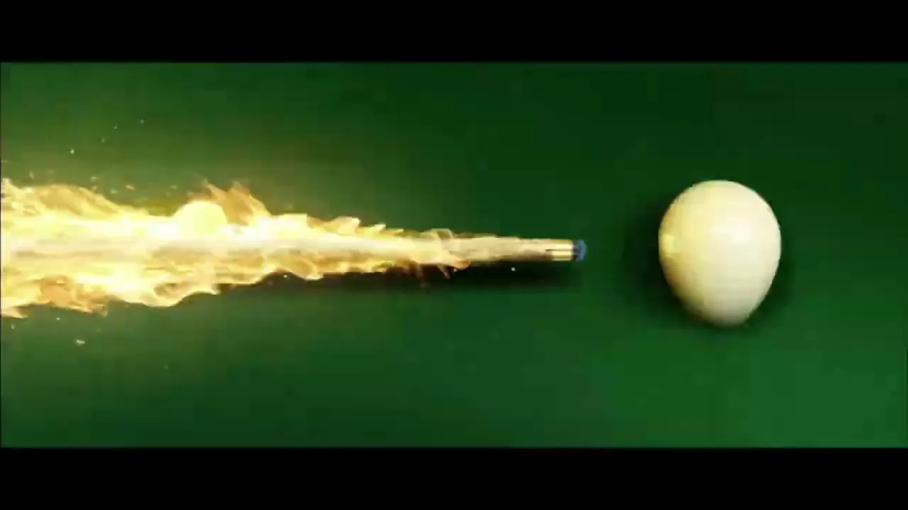 A cue stick with a fiery tip is about to hit a white billiard ball on a green pool table.