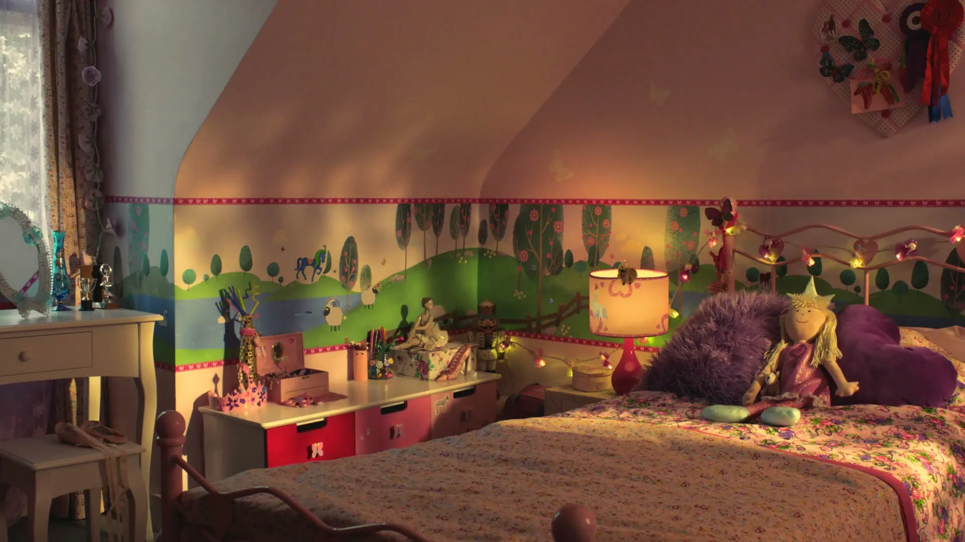 A wide shot of a child's bedroom with a bed, dresser, and window, decorated with colorful wallpaper and fairy lights, bathed in warm, soft light.